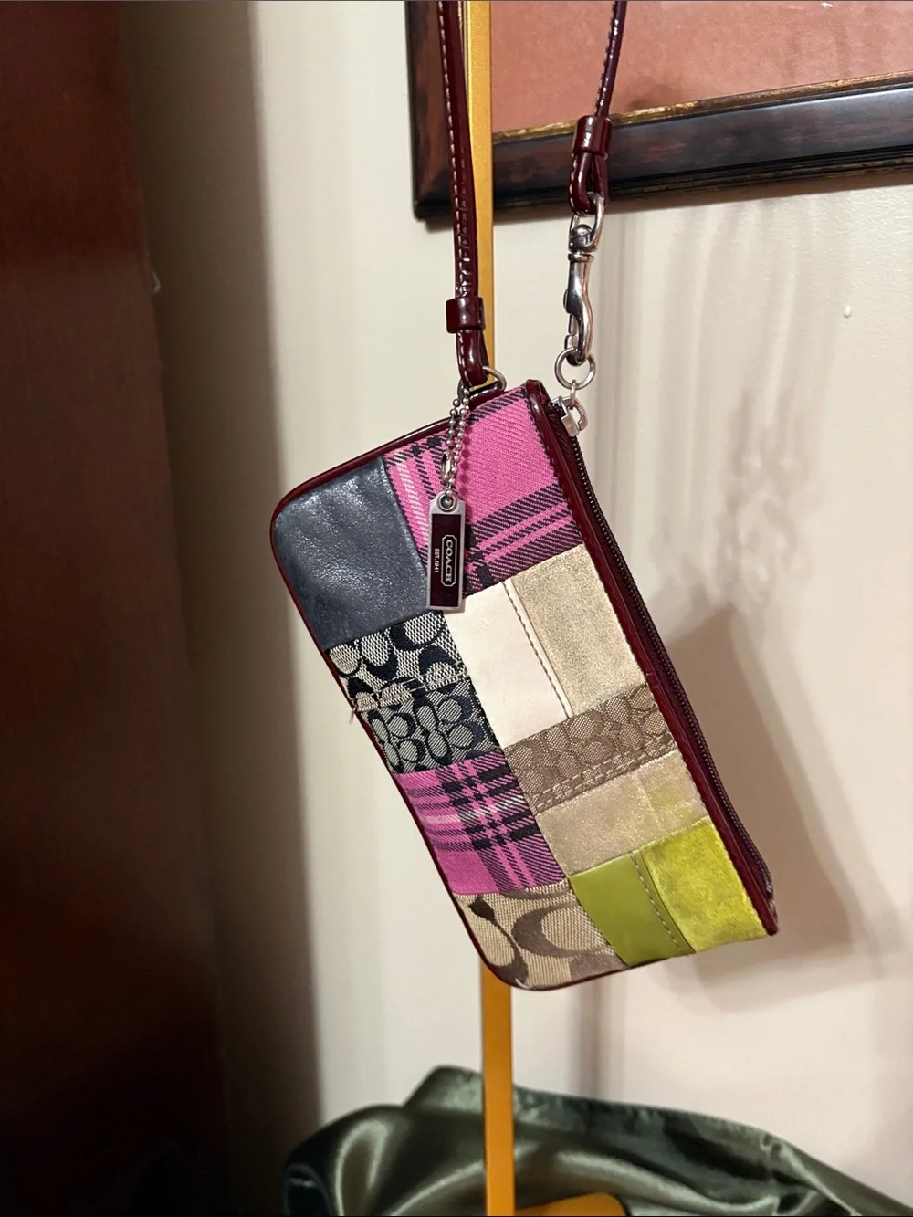 Coach Pink Multi Patchwork Wristlet with Green Accent